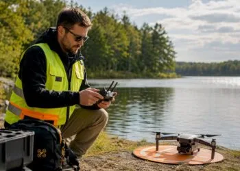 Un pilote de drone s’apprête à faire décoller son appareil au milieu d’un champ.