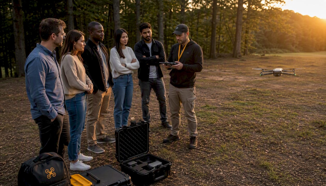Un groupe en pleine formation de pilotage de drones en extérieur