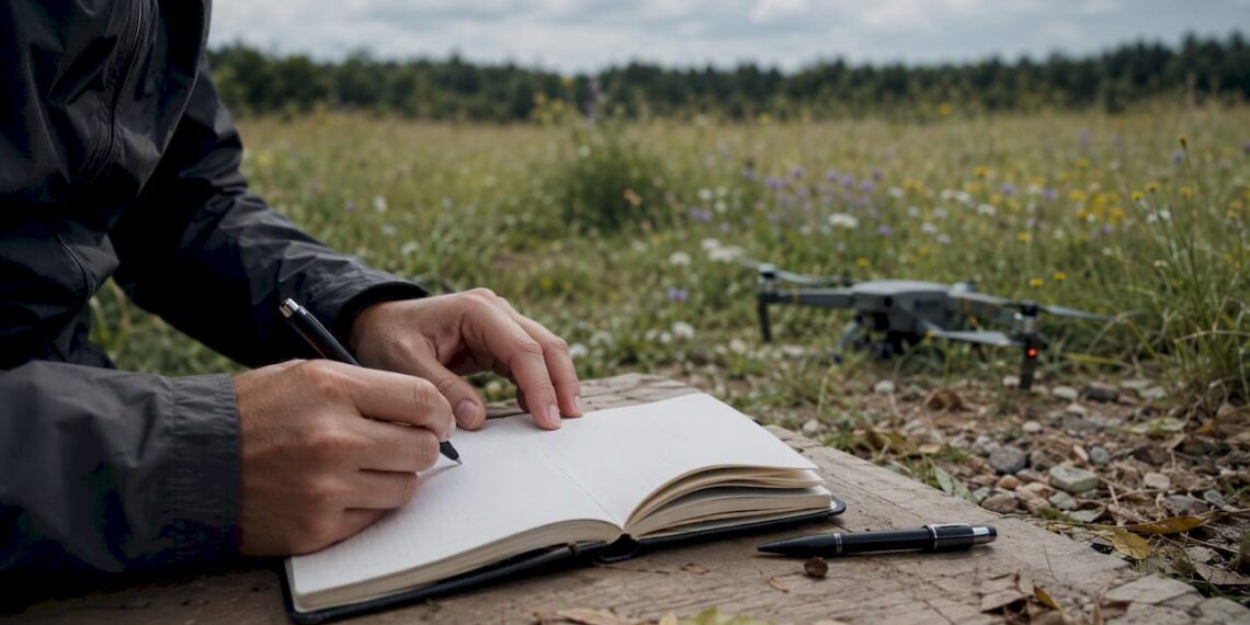 Pilote de drone en train de consigner les informations du vol dans son carnet de bord