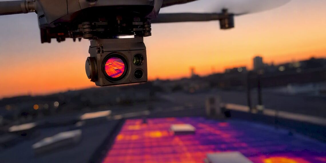 Un drone équipé d’une caméra thermique survole le bâtiment pour en réaliser une inspection approfondie.