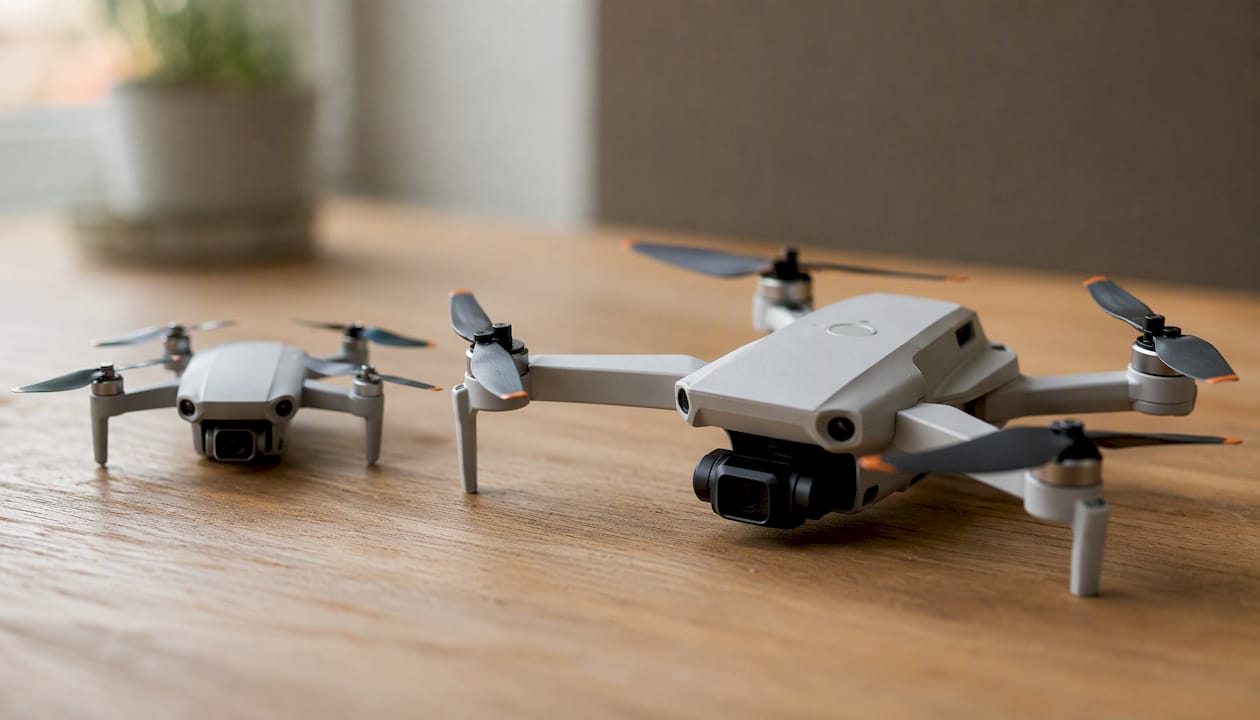 Gros plan sur deux petits drones, modèles C0 et C1, posés côte à côte.