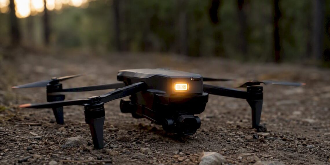 Un drone en pleine démonstration sur le terrain, équipé d’un module d’identification électronique visible.