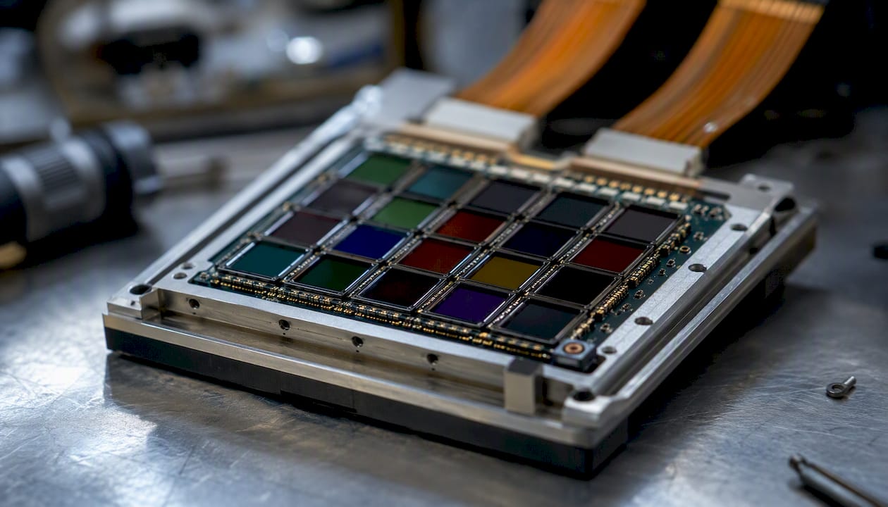 Vue rapprochée d'une matrice de photodétecteurs pour capteur multispectral