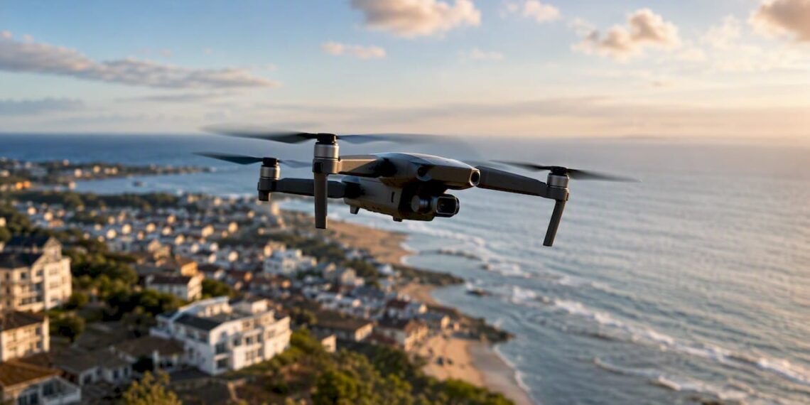 Un drone survole paisiblement le village et les champs alentours.