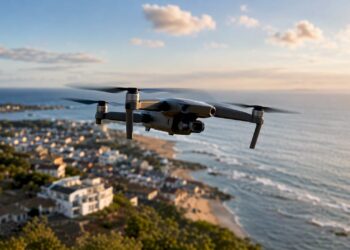 Un drone survole paisiblement le village et les champs alentours.