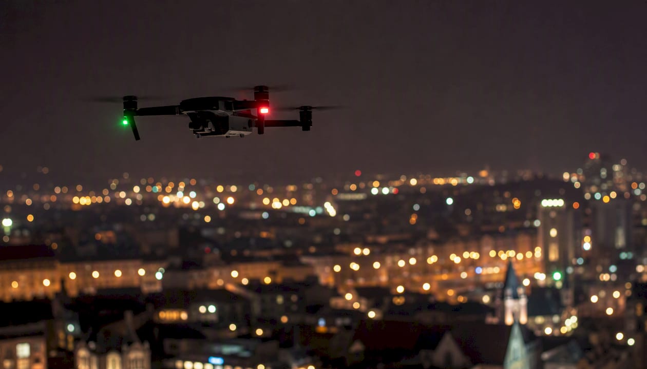 Un drone équipé de feux de position évolue dans le ciel nocturne.