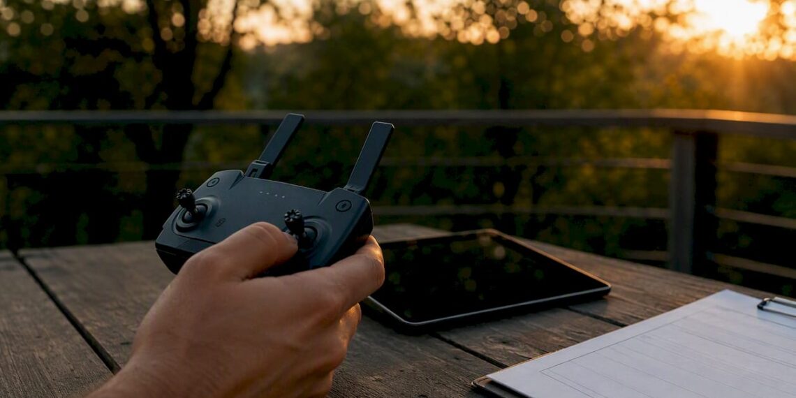 La télécommande du drone et les papiers d’immatriculation sont posés sur la table.
