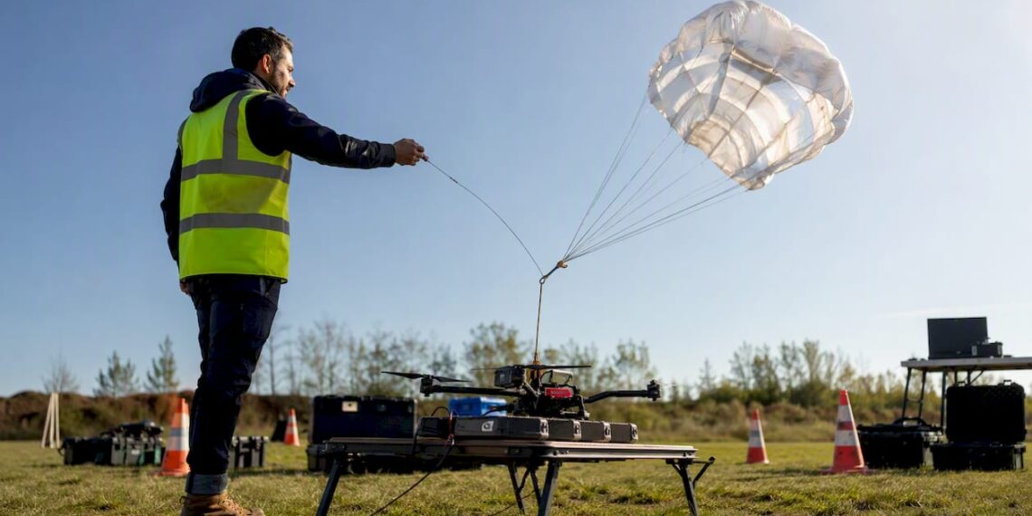 Un système de parachute pour drone est actuellement en phase de test en extérieur.
