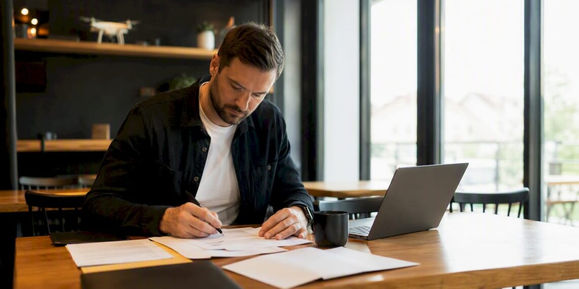 Des mains trient et classent des dossiers de contrats liés aux drones sur un bureau.