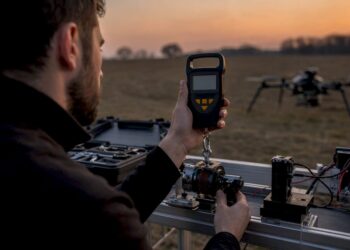 Un technicien effectue des tests de poussée sur un drone en extérieur.