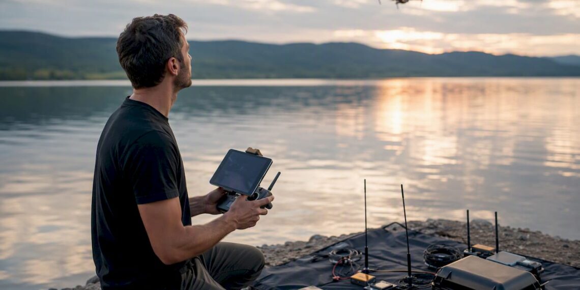 Un pilote de drone vérifie la qualité du signal GPS avant de décoller en plein air.