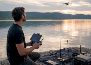 Un pilote de drone vérifie la qualité du signal GPS avant de décoller en plein air.