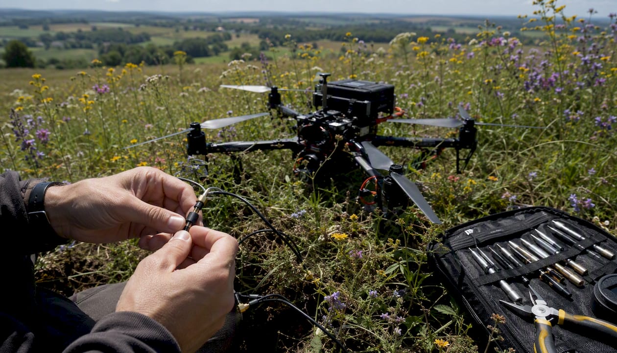 Gros plan sur des mains examinant l'antenne d'un drone en extérieur
