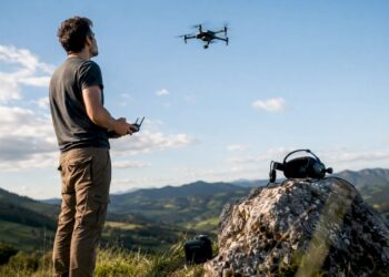 Pilote de drone maniant la télécommande avec le drone en vol
