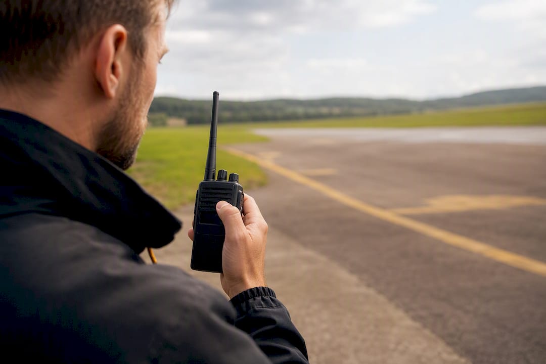 Main appuyant sur des boutons d'une radio VHF près d'un aérodrome