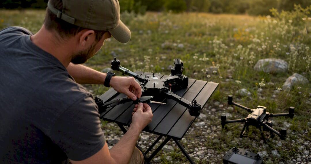 Télépilote en train d’assembler un drone en extérieur
