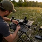 Télépilote en train d’assembler un drone en extérieur