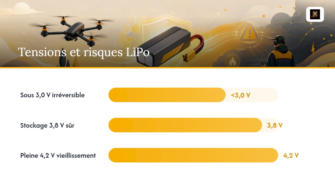 Schéma comparant l'impact du stockage sur la tension des batteries LiPo