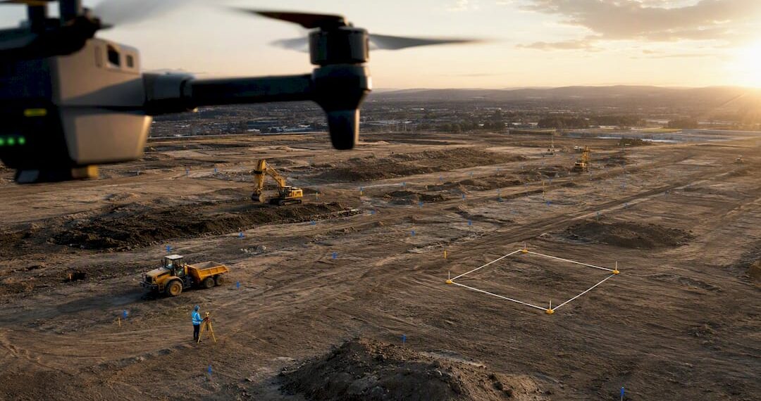 Drone en vol au-dessus d'un chantier topographique
