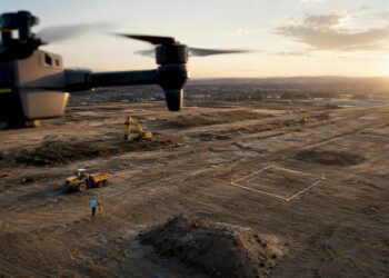 Drone en vol au-dessus d'un chantier topographique