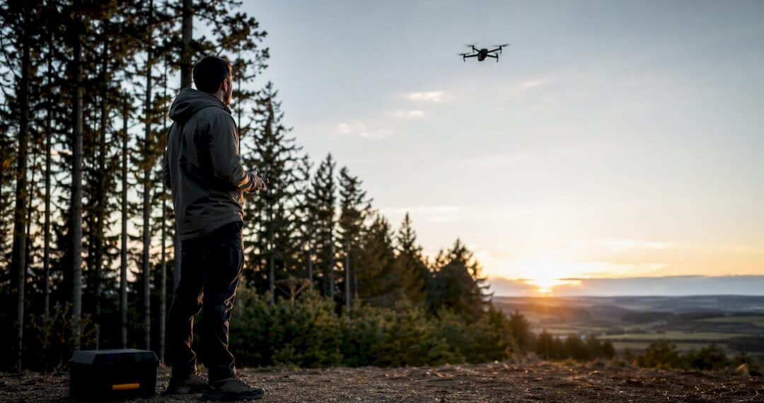 Drone revenant au-dessus de la lisière de la forêt