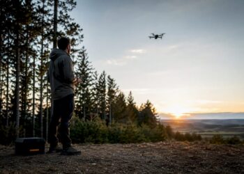 Drone revenant au-dessus de la lisière de la forêt