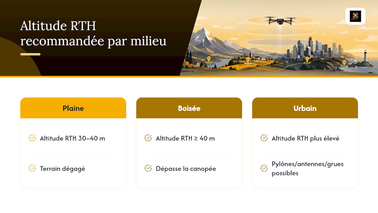 Réglages RTH : altitude de retour recommandée par milieu, 30 à 40 m en plaine, 40 m et plus en zone boisée, davantage en ville