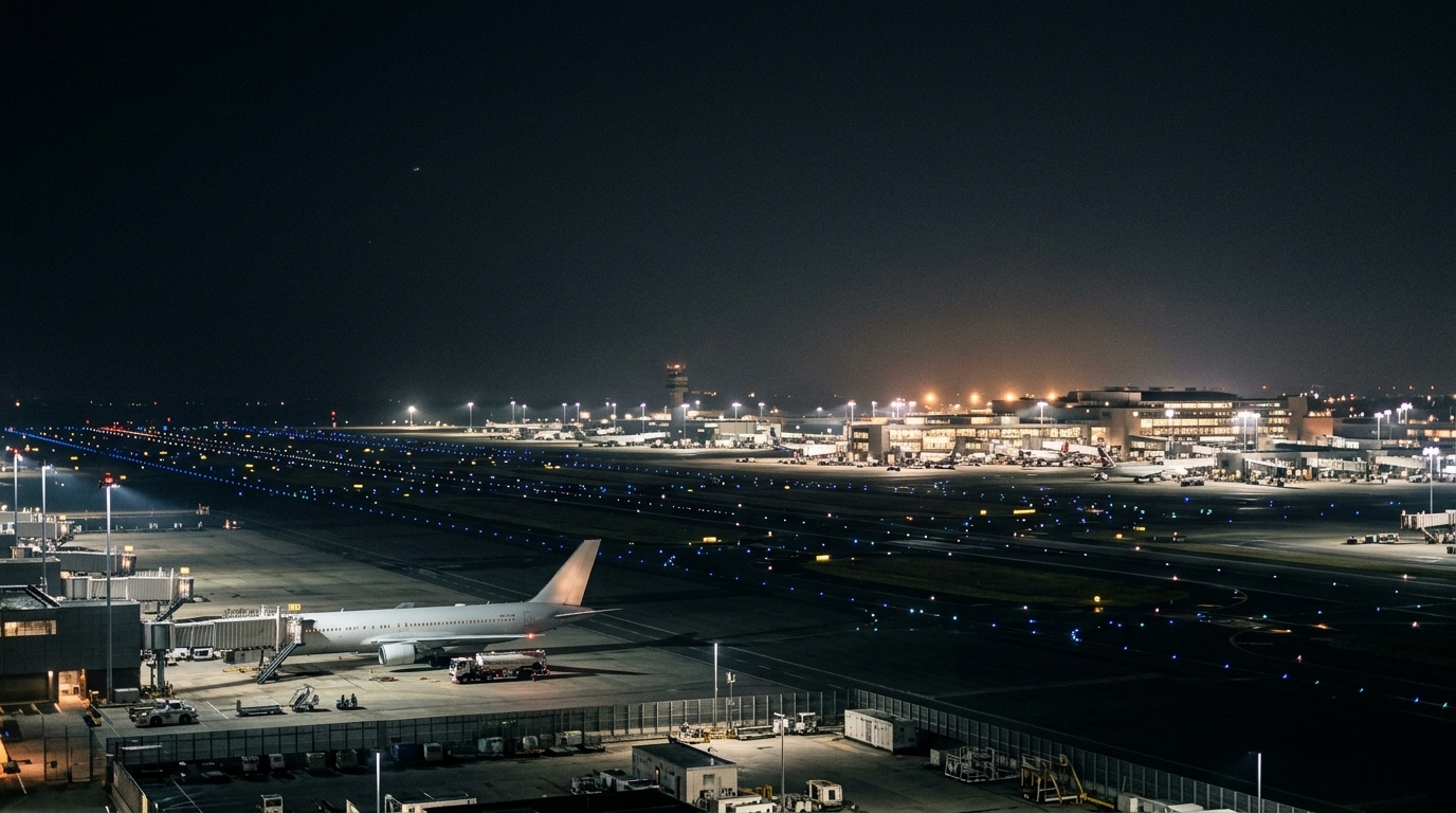 Aéroport à l'arrêt la nuit après des survols de drones suspects