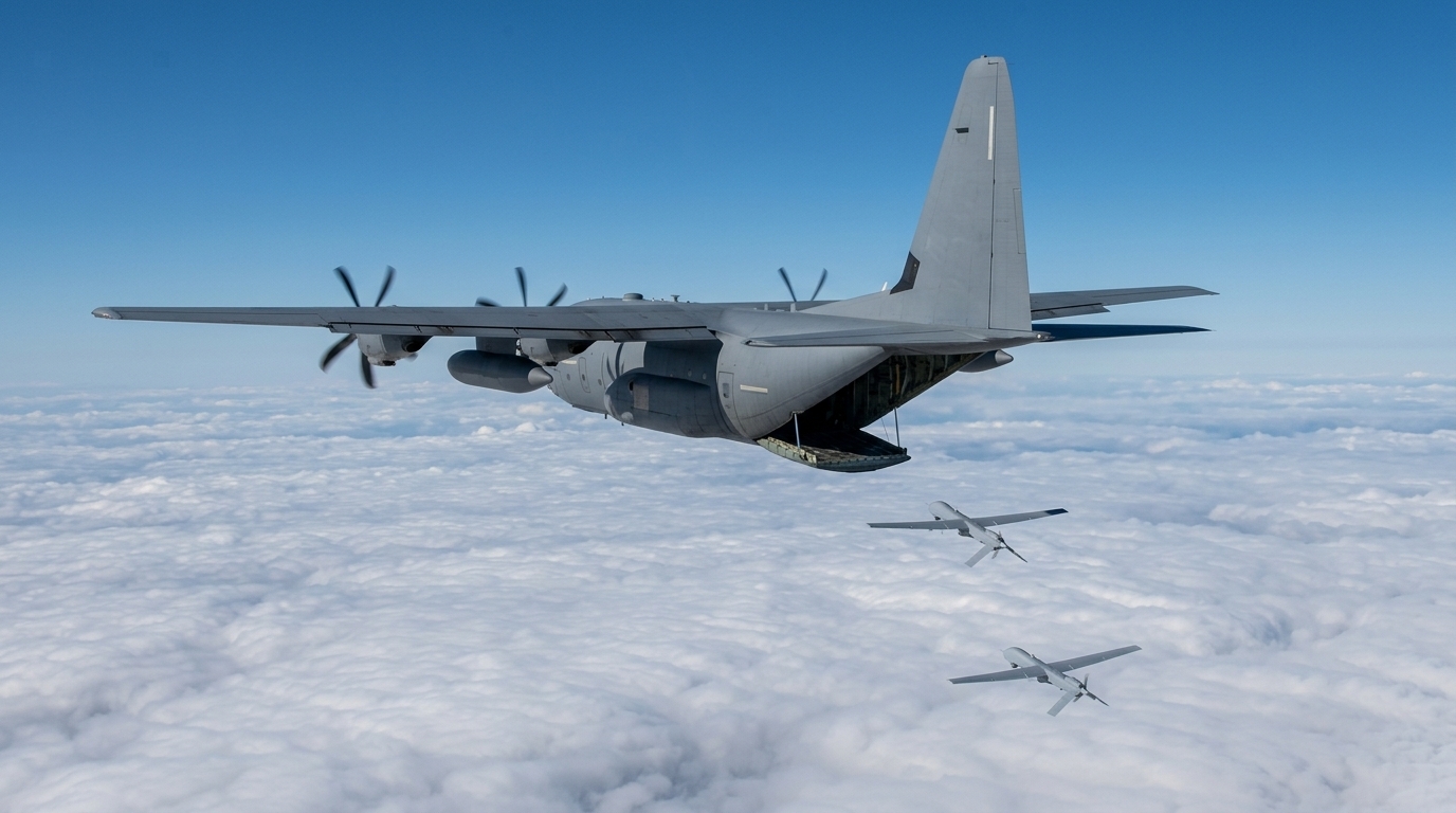 Avion de transport militaire A400M en lanceur de drones : deux appareils largués par la rampe arrière