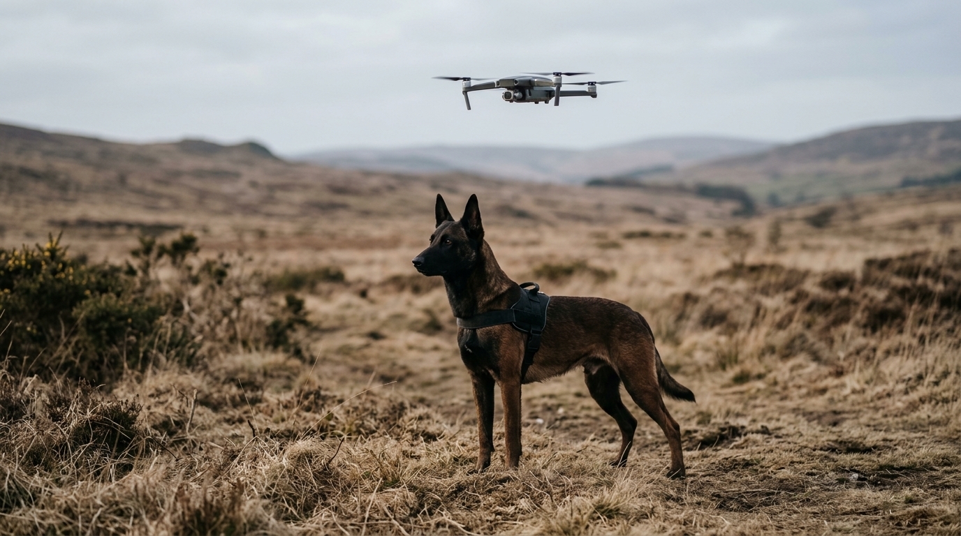 Berger belge malinois en reconnaissance sous un drone : le guidage canin par drone comme Peyo
