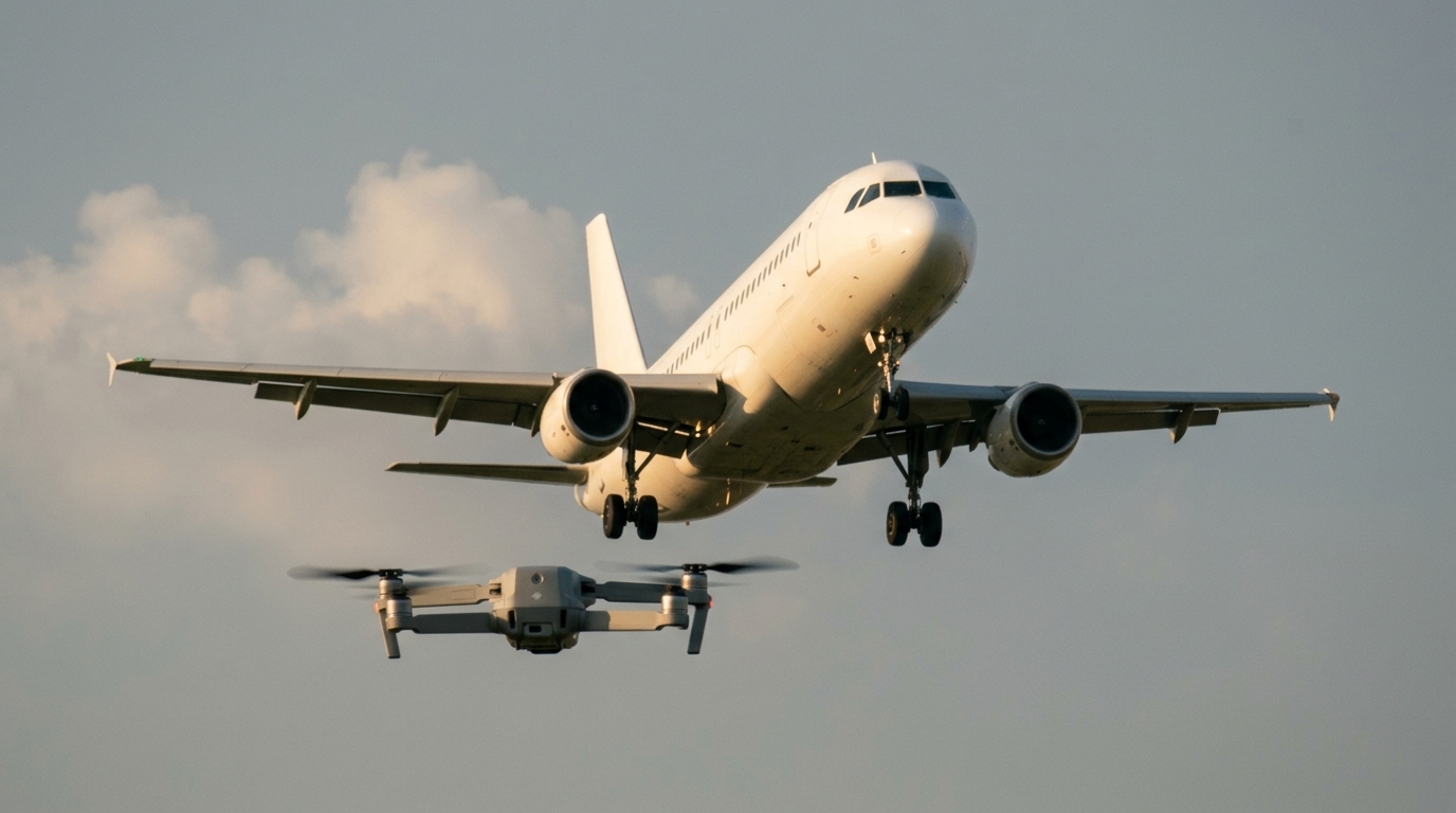Drone en vol stationnaire dans l'axe d'un avion de ligne en approche : la sécurité aérienne en jeu