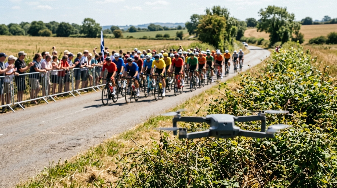 Drone en vol au bord d'une course cycliste : les incidents drones lors des grands événements sportifs