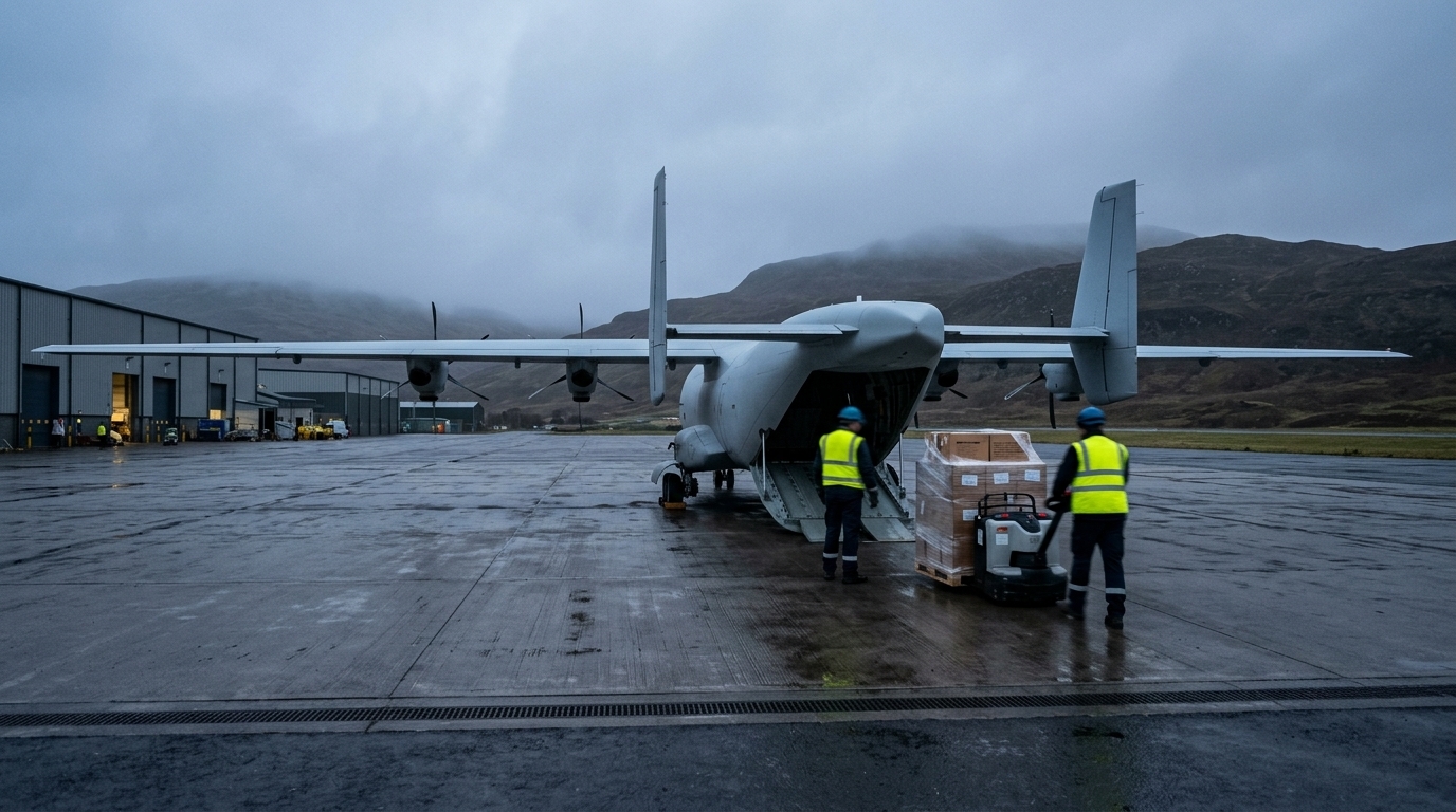 Drone de transport cargo en cours de chargement sur une aire bétonnée
