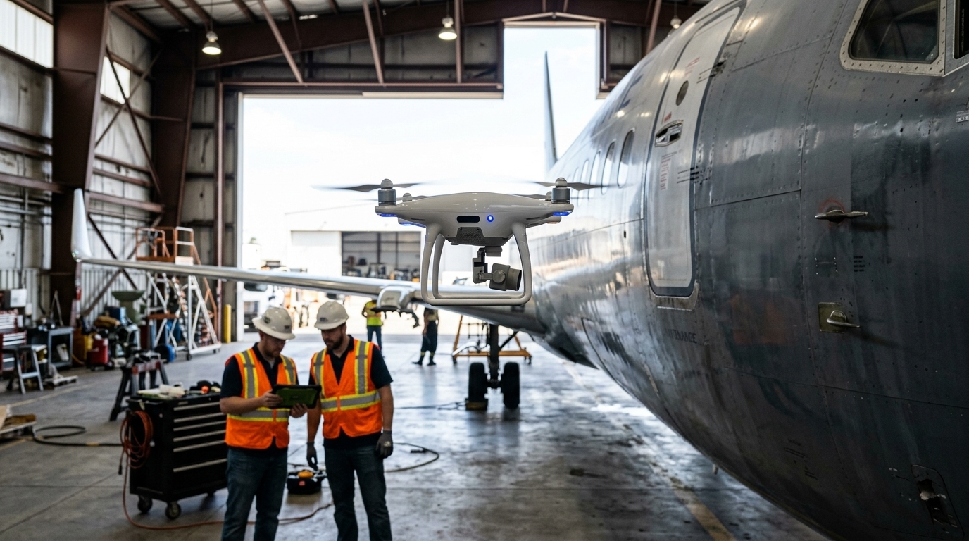 Drone inspectant le fuselage d'un avion en hangar : les inspections aériennes en maintenance aéronautique
