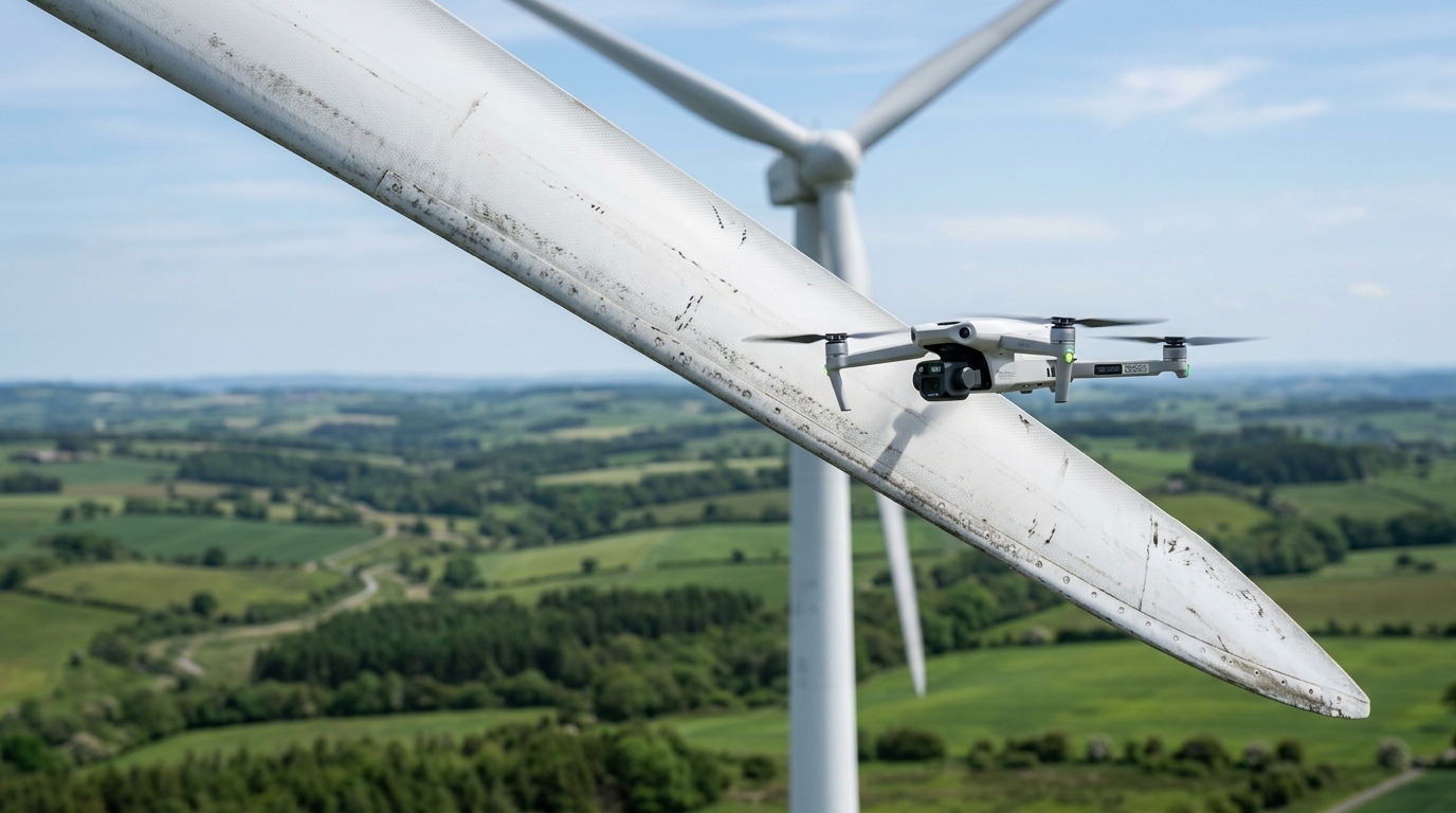 Drone d'inspection en vol le long d'une pale d'éolienne : l'inspection des pales d'éoliennes sans cordiste