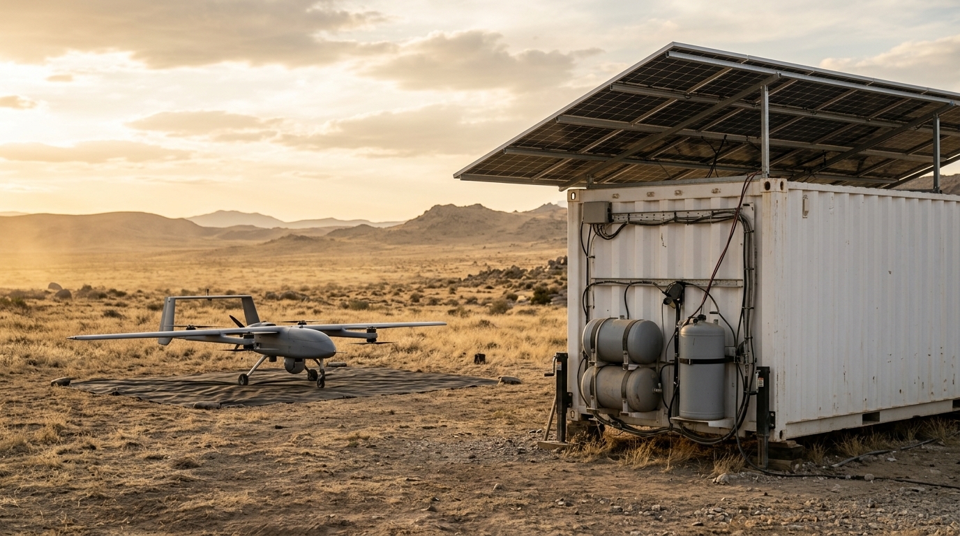 Drones militaires longue portée à hydrogène : un appareil VTOL posé près d'un nanoréseau solaire de ravitaillement