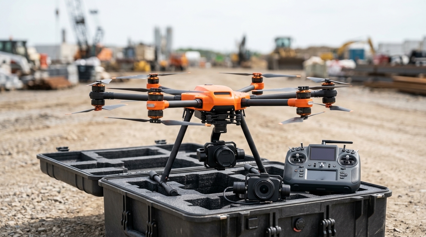 Drone professionnel hexacoptère et ses nacelles caméra interchangeables posés sur leur caisse de transport