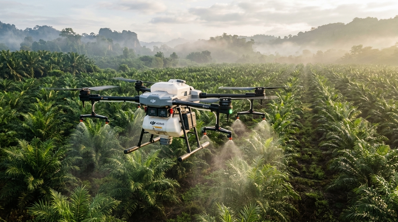 Drone de pulvérisation au-dessus d'une plantation de palmiers : les services avancés par drone en agriculture