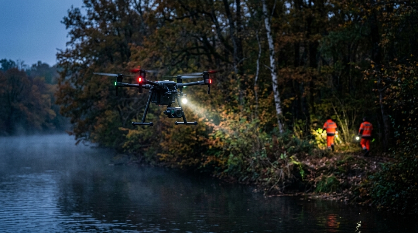 Drone de recherche sauvetage au-dessus d'une rivière au crépuscule, secouristes sur la berge