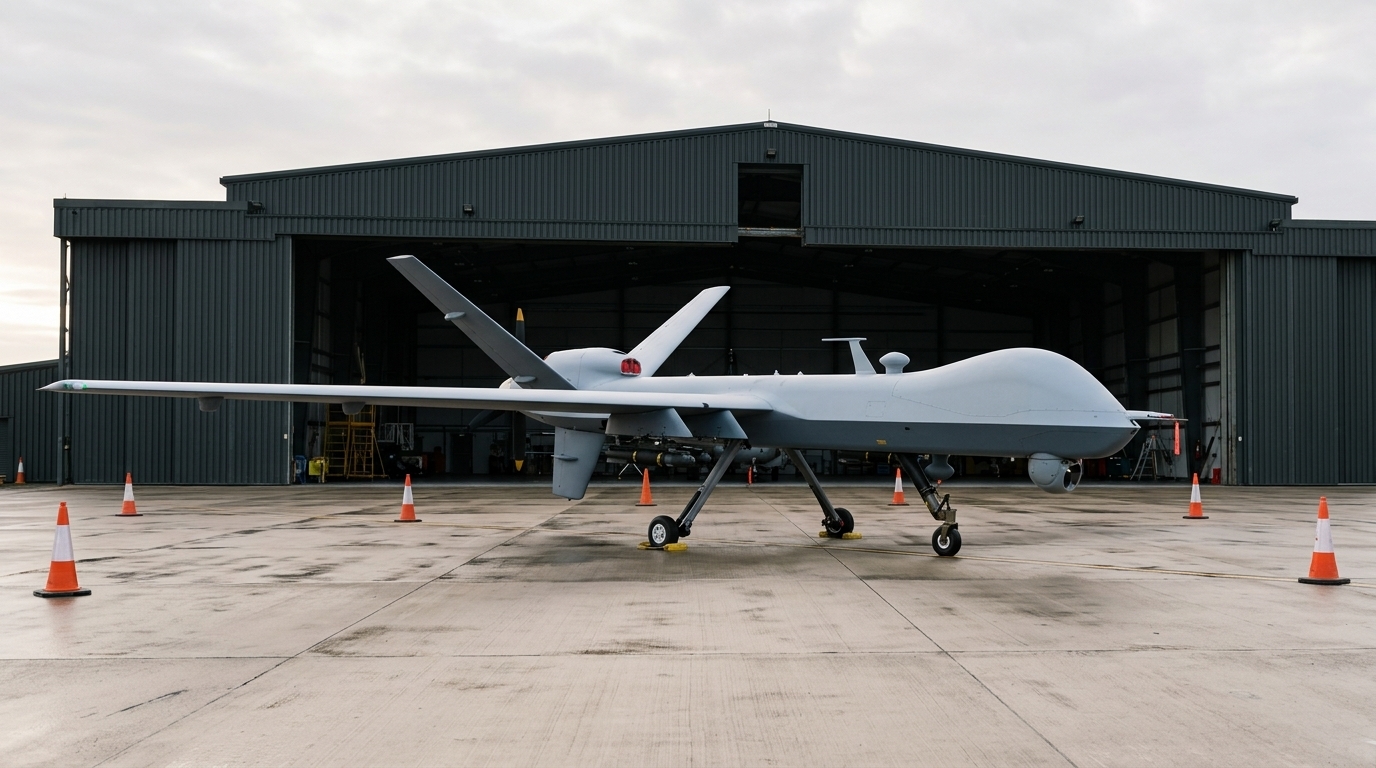 Grand drone de reconnaissance MALE de type Sky Guardian stationné sur un tarmac