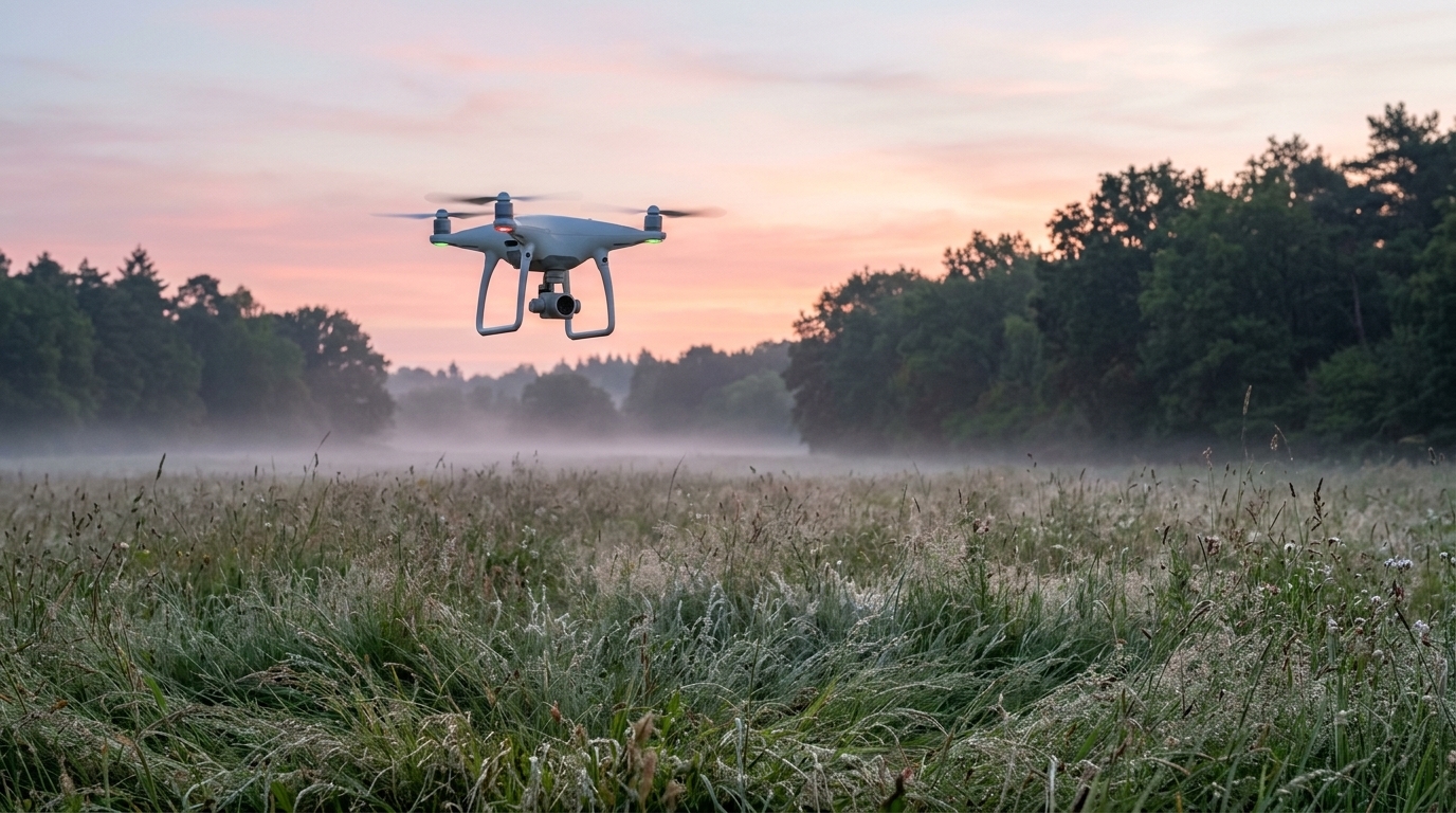 Drone à caméra thermique survolant une prairie à l'aube avant la fauche, pour la protection de la faune