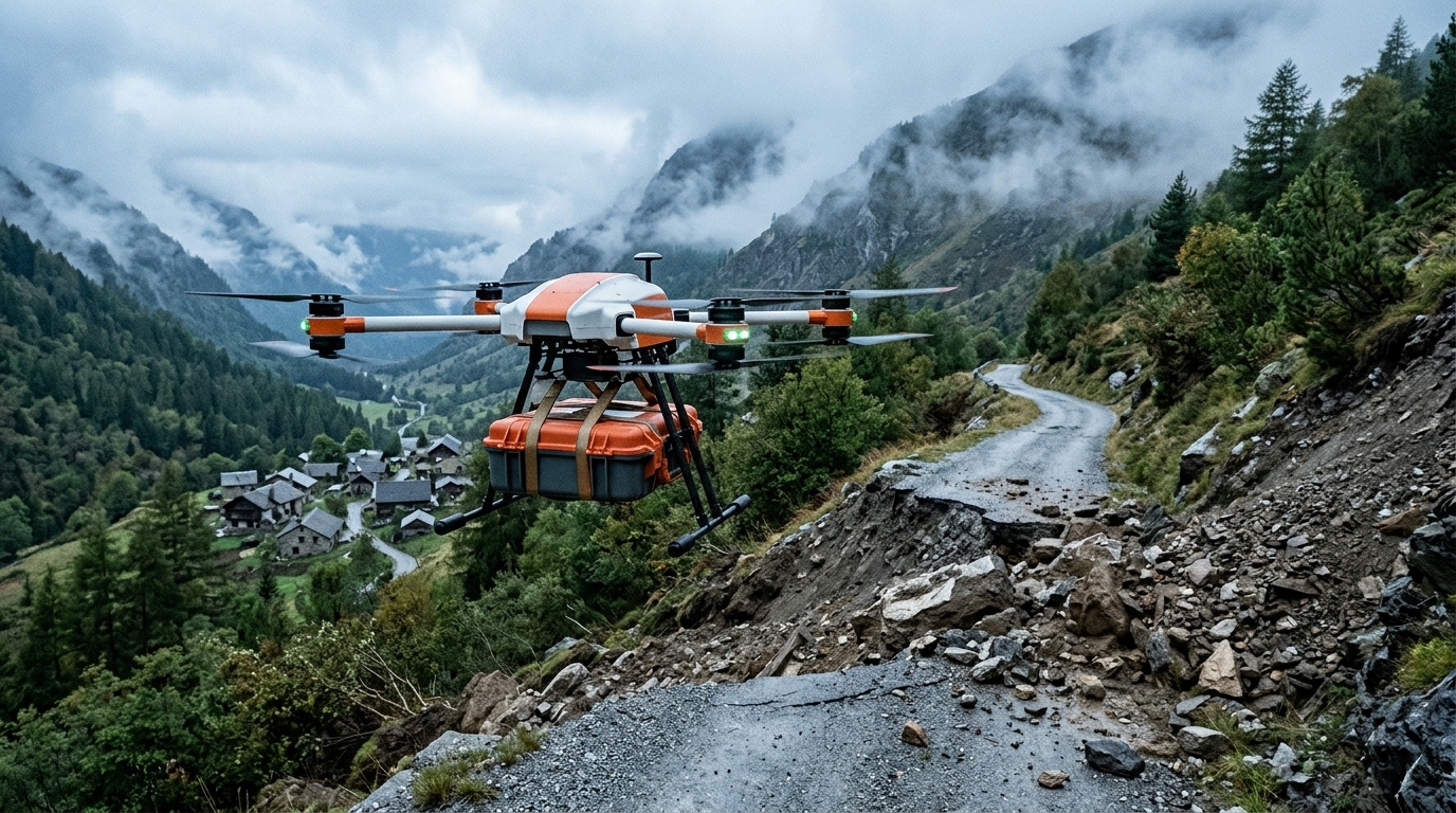 Drone transportant une mallette au-dessus d'une route coupée : le matériel d'urgence acheminé par les airs