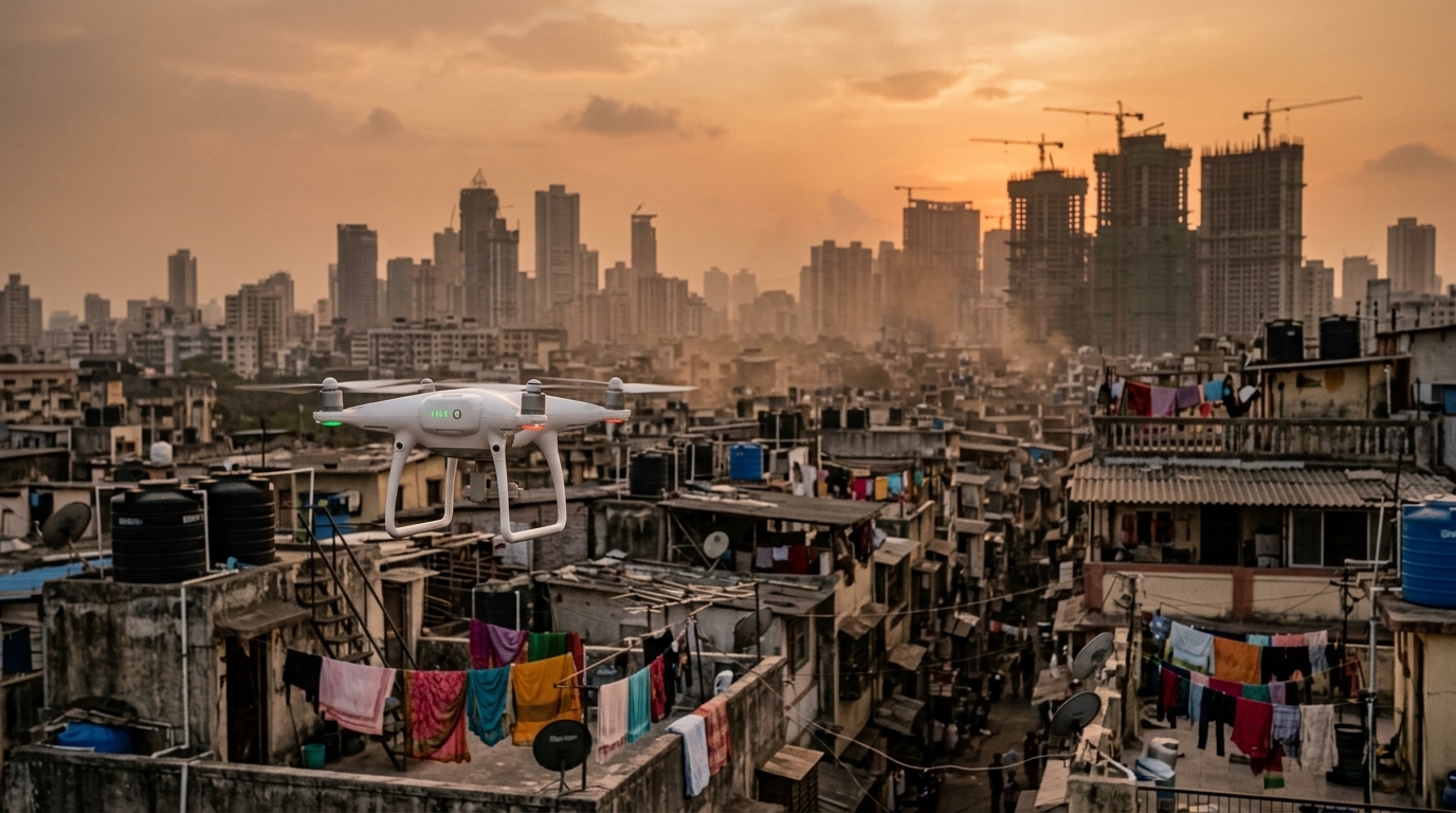 Drone au-dessus d'une ville indienne au crépuscule : le gouvernement indien durcit les règles