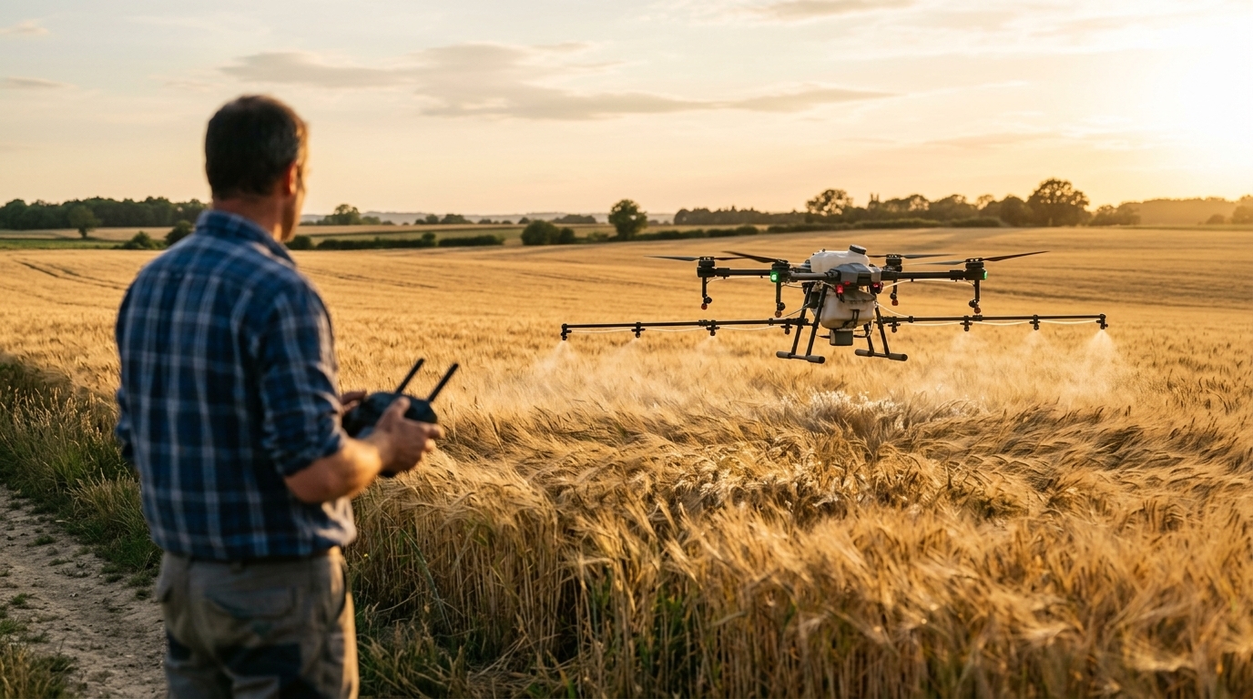 Drones agricoles en action : pulvérisation au-dessus d'un champ de céréales, agriculteur à la radiocommande