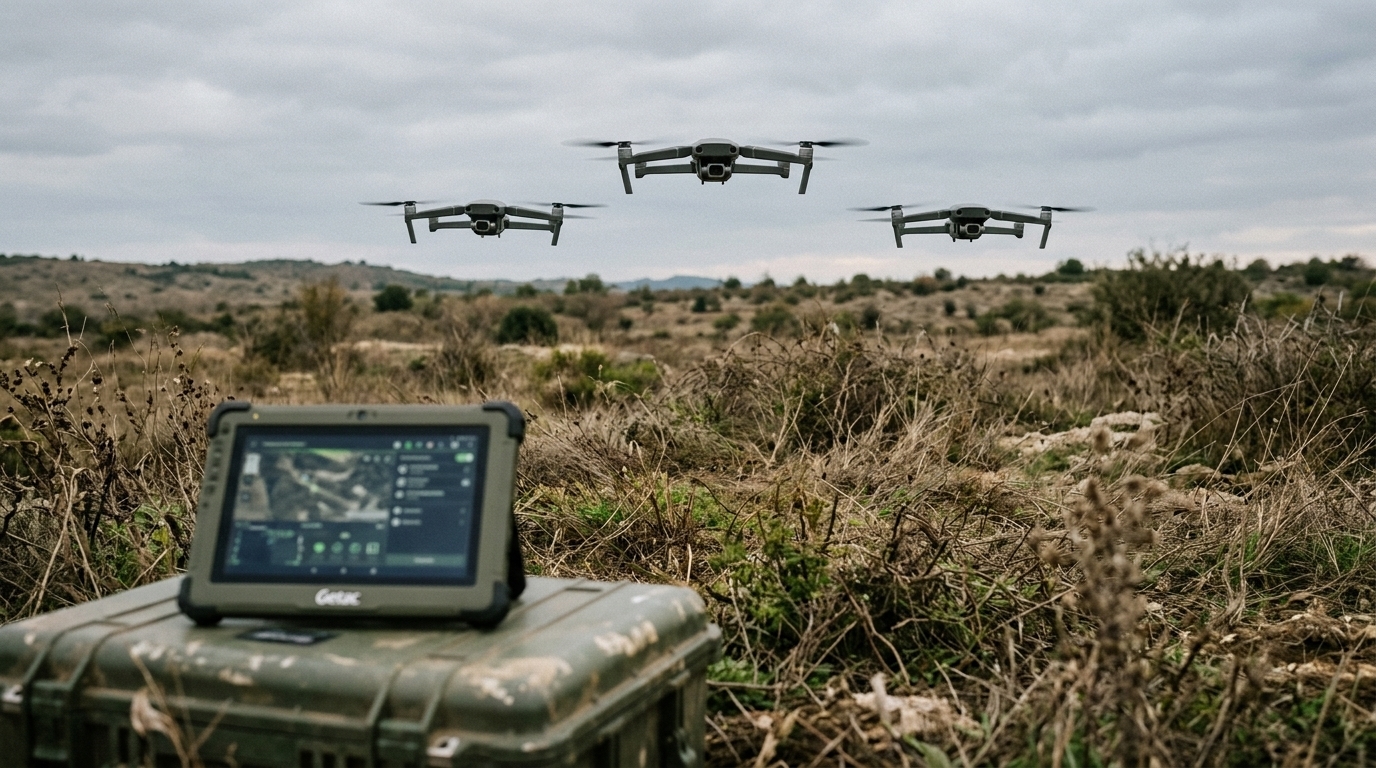 Trois drones autonomes en formation coordonnée au-dessus d'une friche, tablette de l'opérateur au sol