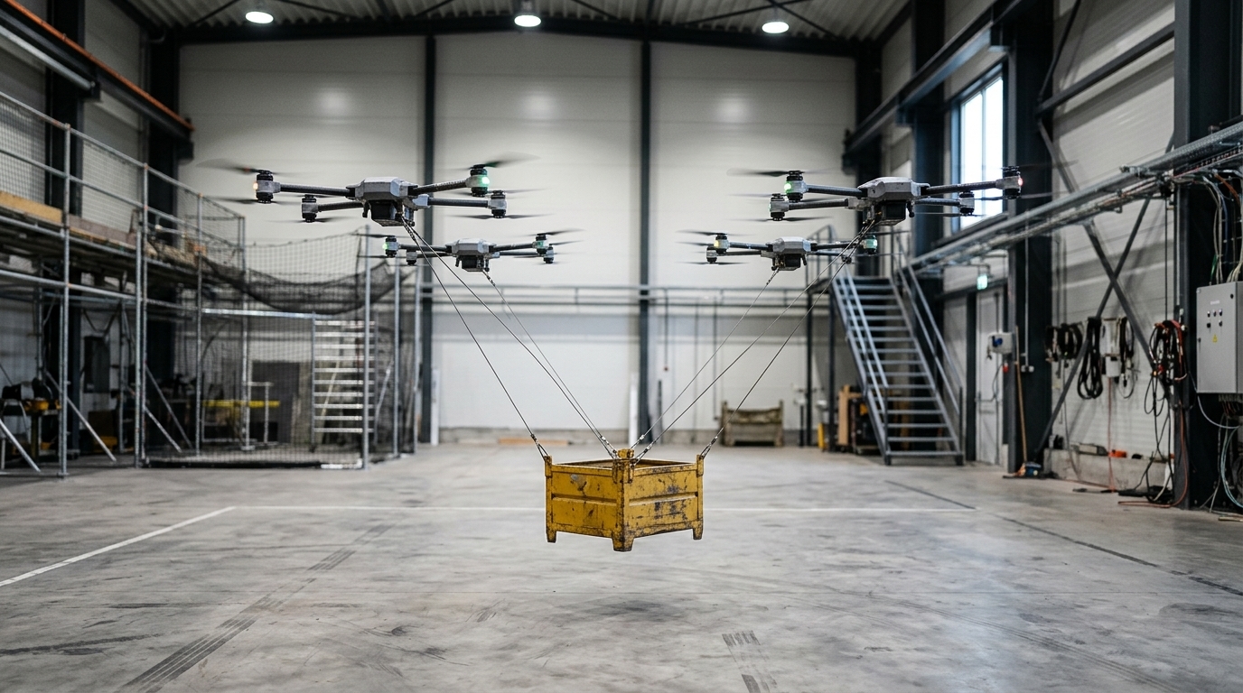 Quatre drones coordonnés soulèvent une caisse par câbles : le transport de charges lourdes par drone