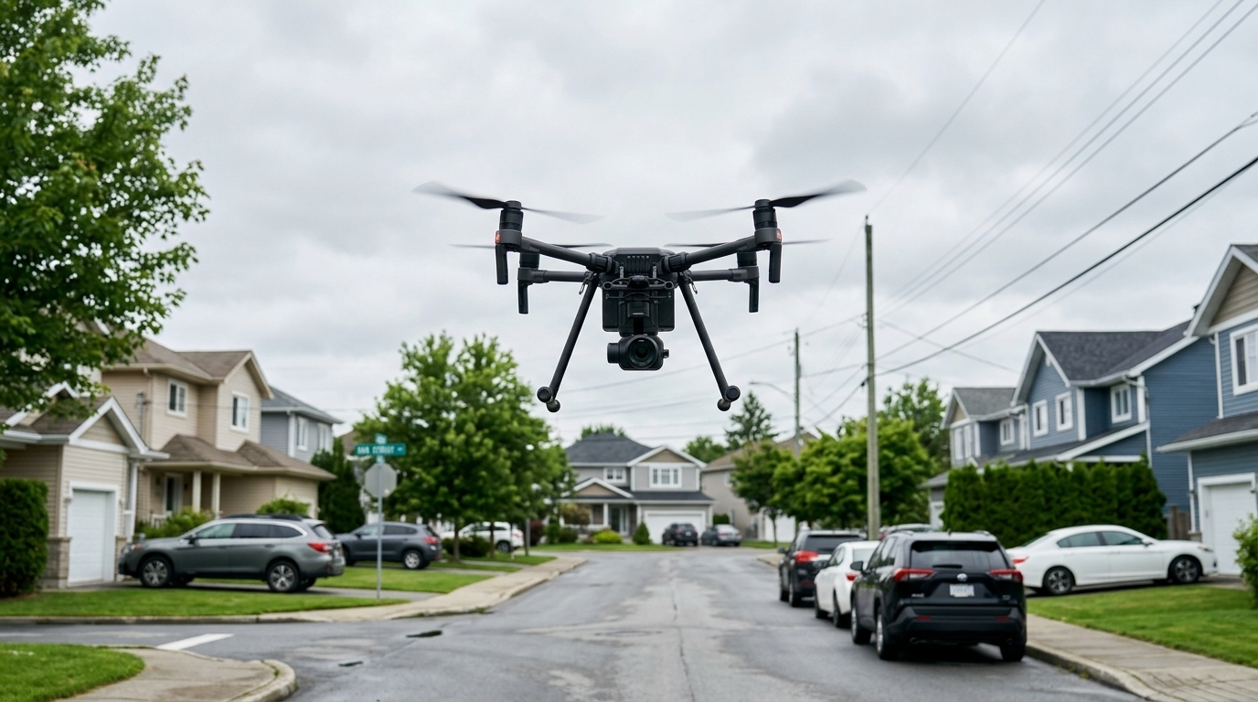 Drone de police en vol au-dessus d'une rue résidentielle : les drones policiers et la vie privée