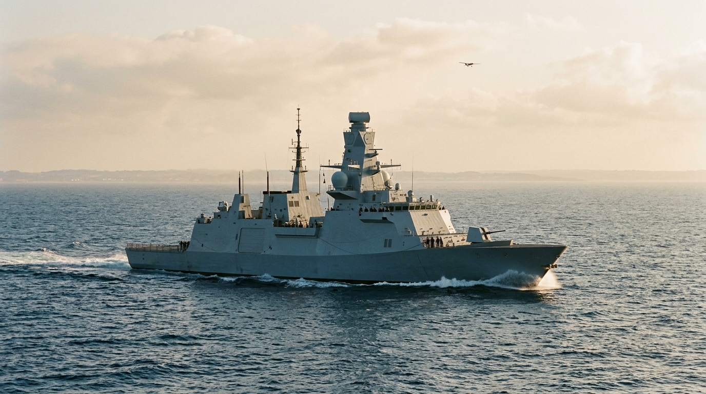 Frégate de la marine française en mer Rouge, un drone en approche dans le ciel