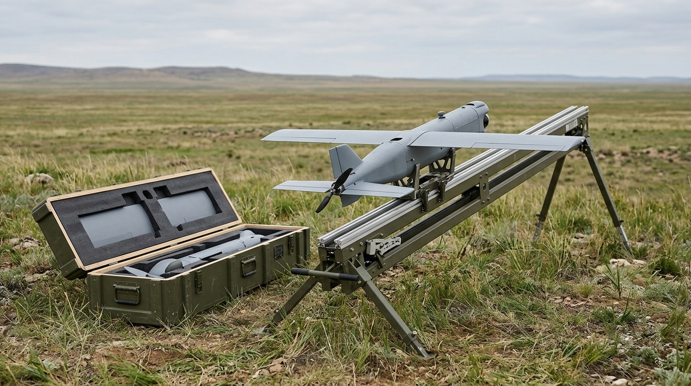 Munition téléopérée à voilure fixe sur son rail de lancement : les drones kamikazes de fabrication française