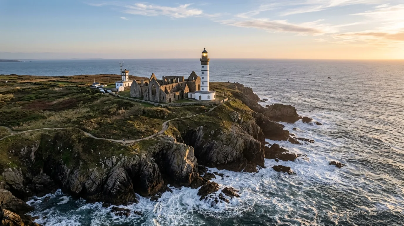 Le phare Saint Mathieu et les ruines de l'abbaye vus du ciel par drone, à la pointe du Finistère